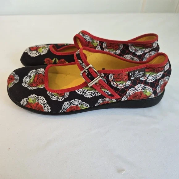 Hot Chocolate - Chocolaticas Mary‎ Jane Flats Rose Lace Print Buckle Shoes 7.5 - Picture 5 of 11